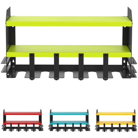 Power Tool Organizer With Five Drill Holders And Wall Mount Shelf in green, showing two shelves and drill slots. Premium steel construction.