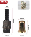 Rivet Nut Mandrel Kit With 20 Piece Round Flange Ribbed Rivet Nuts For Manual Electric And Pneumatic Tools Wide Compatibility Pro Grade Carbon Steel Construction For Automotive And Industrial Projects And Home Repair M10 rivet nut mandrel and ribbed insert with dimensions