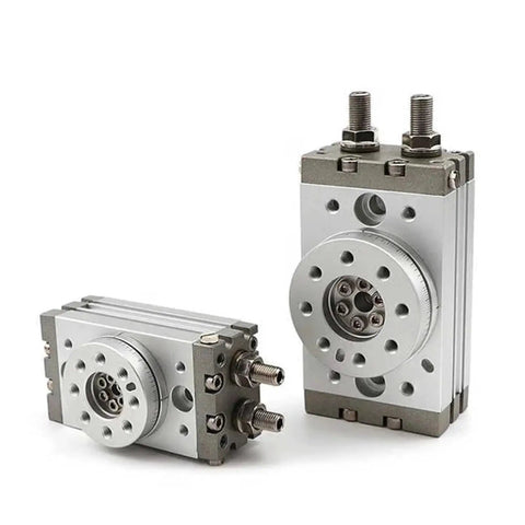 Double Acting Rotary Actuator For Pneumatic Systems, 90/180 Degree Swing Cylinder on white background, two units shown