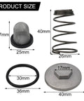 Top Rated Gy6 Scooter Oil Drain Kit With Filter Spring And O Ring For 150Cc Moped Engine Tune Up Ensures Perfect Fit And Leak Free Sealing For Chinese Bikes. Size chart shows 27mm filter, 40mm spring, 30mm O-ring, 40mm plug