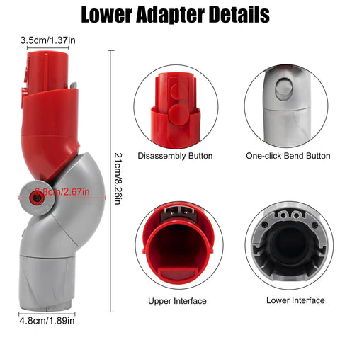 Diagram of Bottom Quick Release Bend Adapter for V10Slim and V12 Digital Slim Vacuum Cleaners showing dimensions and details.