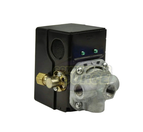 Four Port 95-125 Psi Air Compressor Pressure Switch With Unloader Valve And Manual On Off Lever, 1/4 Inch Connections, Heavy Duty Industrial Use