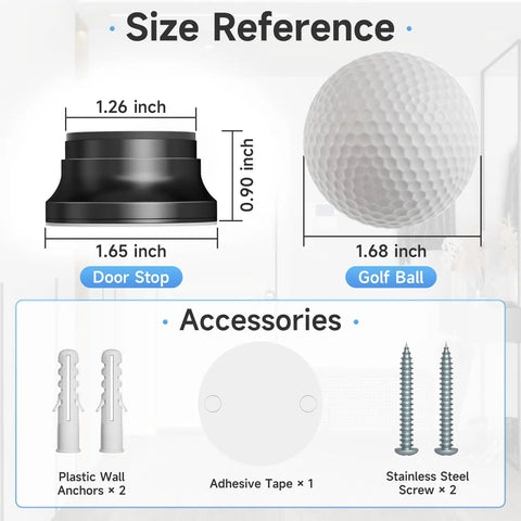Size reference image displaying Heavy Duty Black Door Stopper For Wall With Silicone Tip and accessories like screws.