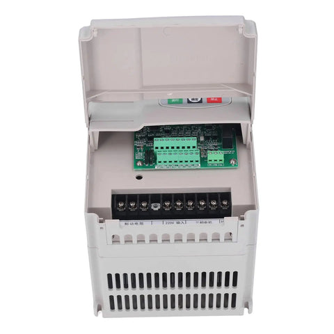 Top view of Single Phase 220V Input To 3 Phase 380V Output VFD Inverter showcasing open panel and electronic components.