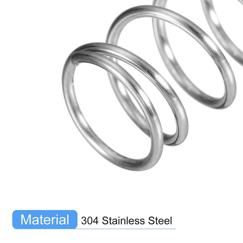 Close-up of Five Piece 304 Stainless Steel Compression Spring Set With 9mm Outer Diameter And 0.6mm Wire, 15mm Free Length, Silver Tone