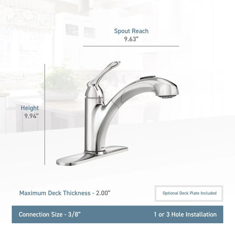 Side view of Chrome One-Handle Pullout Kitchen Faucet with Dual Spray Wand, showing spout reach and faucet height.