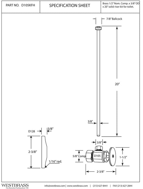 Technical diagram of D105KFH-62 0.625 x 0.375 OD 20In Flat Head Riser Toilet Supply Line Kit details with dimensions.