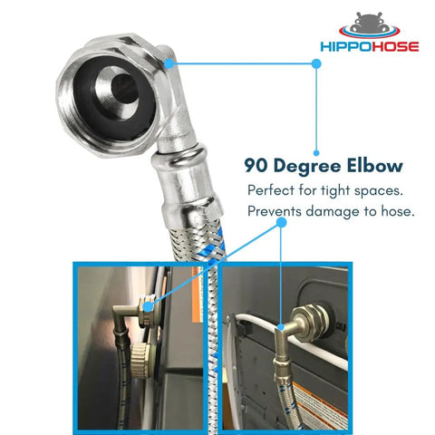 Braided Stainless Steel Washing Machine Hoses Four Feet 90 Degree Elbow Octagon Connections Universal Fit Two Pack