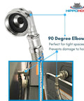 Close-up of Braided Stainless Steel Washing Machine Hoses 16ft Set with 90 Degree Elbows and Octagon Connections Burst Proof Up To 1500 PSI