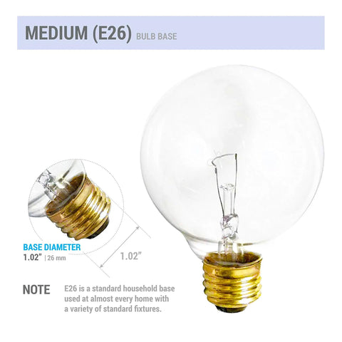 Four Pack G25 Globe Light Bulbs 25W Incandescent 2700K Soft White E26 Base with detailed bulb and base measurement diagram