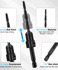Woodworking Countersink Drill Bit Set, 16 Piece High Speed Steel Bits For Wood with diagrams of tapered drill point and hex shank