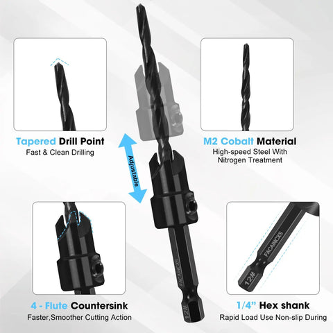 Woodworking Countersink Drill Bit Set, 16 Piece High Speed Steel Bits For Wood with diagrams of tapered drill point and hex shank