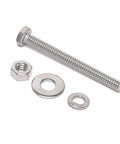 Front view of stainless steel 3/8-16x4 hex bolt with nut, fender flat washer, and split lock washer