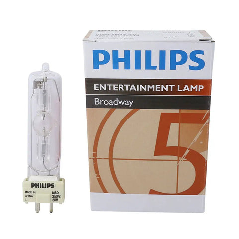 MSD250/2 8500K Metal Halide Stage Bulb Pro-Grade Stage Lighting next to packaging box for theater use