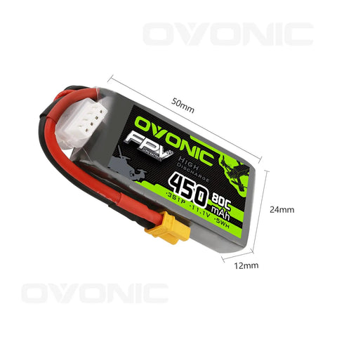3S 11.1V 450mAh 80C Lipo Battery With XT30 Connector For RC FPV Racing Drones Quadcopters Soft Case in packaging, dimensions shown