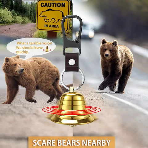 2 Pack Loud Bear Bell Set With Silencer And Emergency Whistle Carabiner in front of bears, caution sign in background