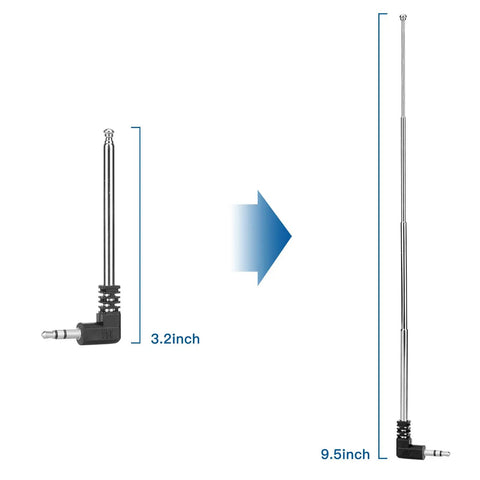 Extendable 3.5mm FM Radio Antenna Telescoping Four Section Steel Aerial that boosts FM reception extended and collapsed view
