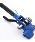 Stainless Steel Banding Tool For Strapping Tensioner And Crimping Cutter, hand guided tool with black handles and blue body.