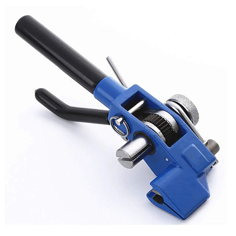 Stainless Steel Banding Tool For Strapping Tensioner And Crimping Cutter, hand guided tool with black handles and blue body.