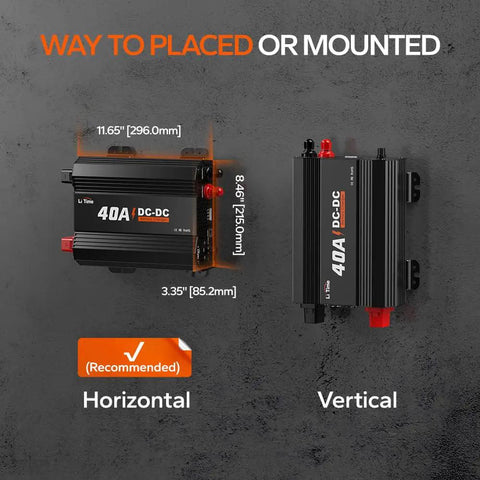 Heavy Duty 12V 40A DC To DC Lithium Battery Charger With Smart Multi Stage Charging dimensions shown in horizontal and vertical position.