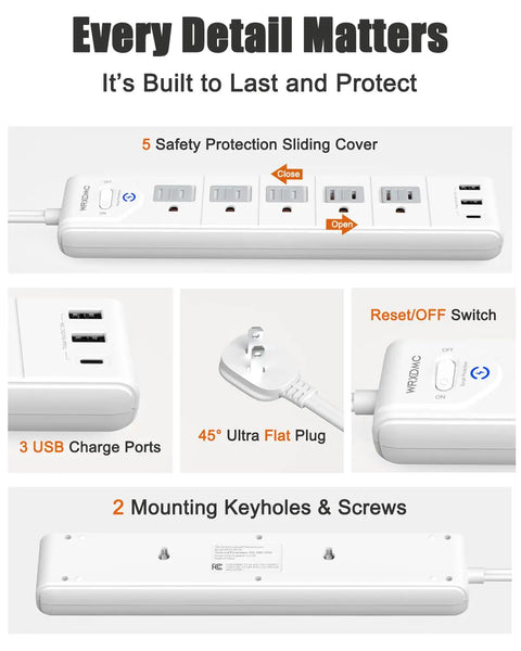 2 Prong To 3 Prong Outlet Adapter Power Strip with 10ft extension cord, 5 AC outlets, 3 USB ports, and polarized plug.