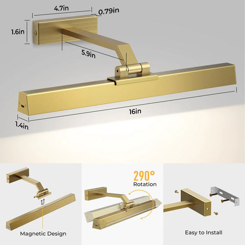 Brushed Gold Battery Operated Picture Light 16 Inch With Dimmable CCT, diagram showing dimensions and installation features.