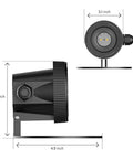 Side and front view of Submersible LED Pond Light Low Voltage Underwater Landscape Lighting, dimensions shown, 15ft cable visible.