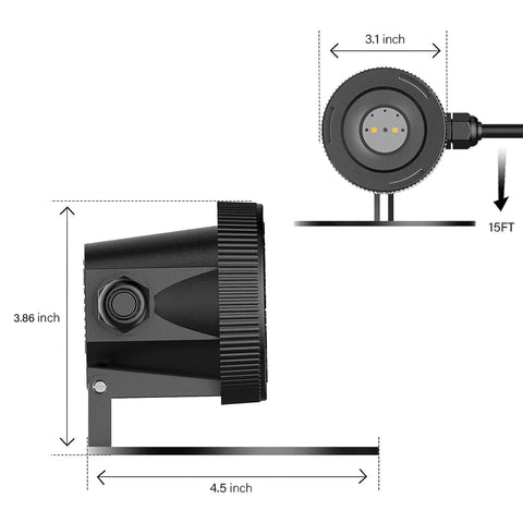 Side and front view of Submersible LED Pond Light Low Voltage Underwater Landscape Lighting, dimensions shown, 15ft cable visible.