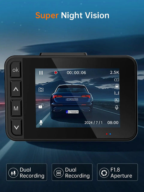 Dual Front And Rear Dash Camera For Your Ride With 2 Inch Display showing 2.5K front view with night vision on highway at night