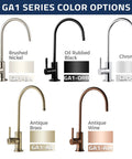 Color options for Lead Free Reverse Osmosis Faucet For Countertop Bar Sinks, brushed nickel, oil rubbed black, chrome, antique brass, antique wine.