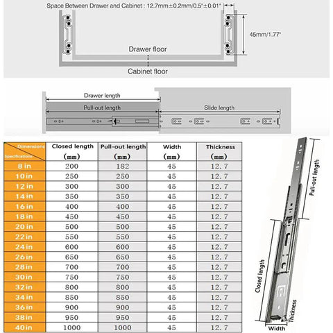 Dimensions and installation guide for Heavy Duty 45mm Drawer Runners With Full Extension Drawer Slides Three Section Steel Ball Bearing Rails Side Mount 32 Inch Metal Runners In Silver Or Black Finish Supports 45 Kg Load Smooth Quiet Operation.