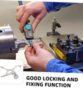 Person measuring with a caliper on a lathe, showcasing precision and control for woodworking and metal projects with Rock Solid Adjustable Drill Press Locking Clamp Vise Built Tough As Nails For Woodworking And Metal Projects With Quick Adjustments And Iron Grip For Weekend Warriors And Pros.