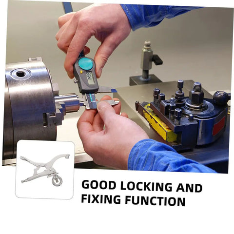 Person measuring with a caliper on a lathe, showcasing precision and control for woodworking and metal projects with Rock Solid Adjustable Drill Press Locking Clamp Vise Built Tough As Nails For Woodworking And Metal Projects With Quick Adjustments And Iron Grip For Weekend Warriors And Pros.