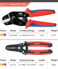 Pro Grade Solar Panel Crimping Tool Kit with crimper SN-2546B and stripper SD-212, red and black handles, product parameters chart