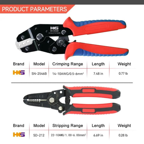 Pro Grade Solar Panel Crimping Tool Kit with crimper SN-2546B and stripper SD-212, red and black handles, product parameters chart