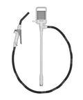 One Hand Electric Fuel Transfer Pump With Flow Control Nozzle And D Battery Power Hands Free Gas Can Pump For Liquids And Water Jugs 2 Point 4 GPM Flow Long Suction Tube For Tall Containers, gray cordless pump with long hose