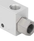 Heavy Duty Pneumatic Vacuum Generator And Air Operated Ejector Pump Featuring Solid Aluminum Frame For Machine Tool Shops close-up of aluminum housing with threaded connector.