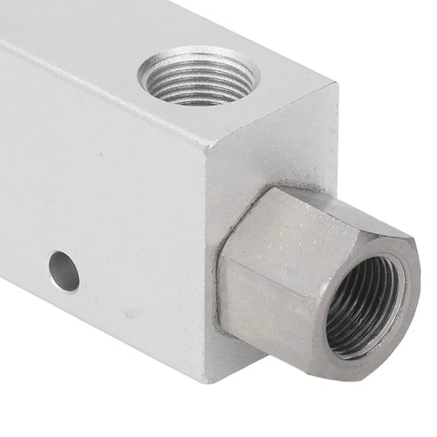 Heavy Duty Pneumatic Vacuum Generator And Air Operated Ejector Pump Featuring Solid Aluminum Frame For Machine Tool Shops close-up of aluminum housing with threaded connector.