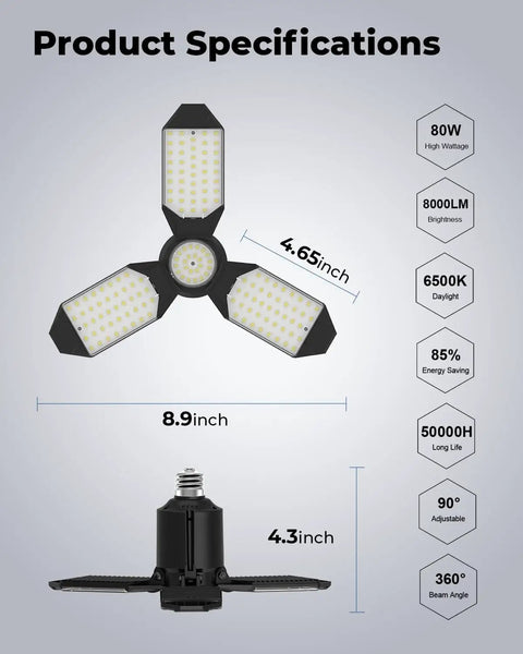 Ultra Bright LED Garage Light With 168 Chips, Three Plus One Deformable Panels, 80W 8000LM 6500K dimensions and specs