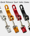 Golden Quick Release Seat Post Clamp For Bikes with alloy pin in four colors: silver, gold, red, and black on a white background.