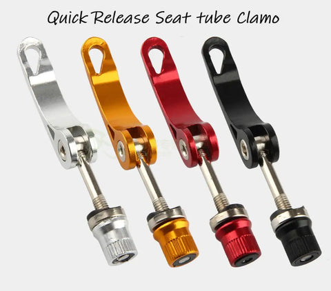 Golden Quick Release Seat Post Clamp For Bikes with alloy pin in four colors: silver, gold, red, and black on a white background.