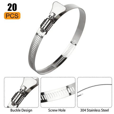304 Stainless Steel Duct Clamps 20 Pack Adjustable Hose Clamps For Air Ducting 3.5 To 4.5 Inch Range with buckle design