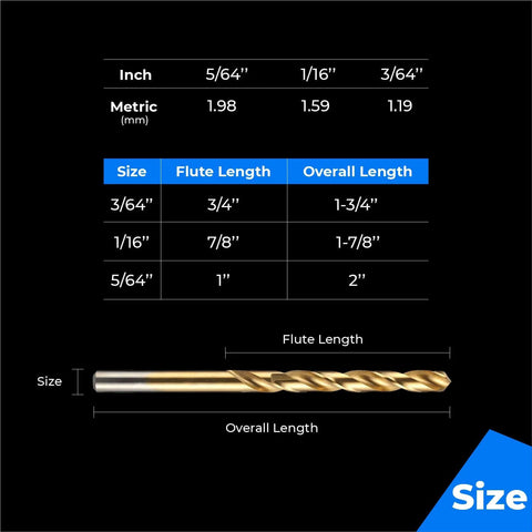 Front view of amoolo Titanium drill bit set, 60 pcs, gold-colored HSS micro bits with size chart