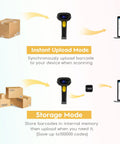 Features of Long Range Wireless 1D Barcode Scanner With USB Receiver, showing instant upload and storage modes.