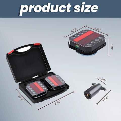 Front view of STHF magnetic wireless trailer lights kit; two rechargeable LED trailer lights in a hard case.