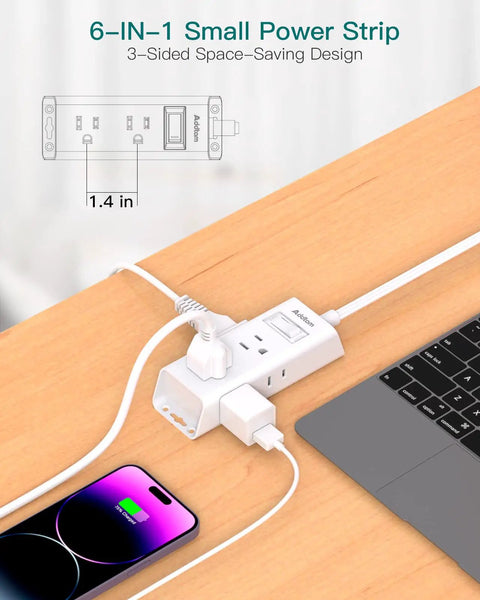 Slim Flat Plug Extension Cord With Six Outlets And Right Angle Design Gonna Save You Serious Space Behind Sofas Beds Or Fridges Perfect For Dorms Tiny Spots keeps devices charged with compact design on a desk.