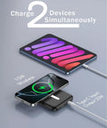 Ultra Slim Magnetic Power Bank With MagSafe 5000Mah Portable Charger compatible with iPhone 17 charging two devices simultaneously.