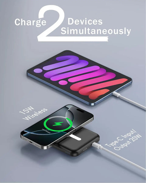 Ultra Slim Magnetic Power Bank With MagSafe 5000Mah Portable Charger compatible with iPhone 17 charging two devices simultaneously.