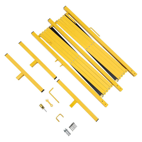 Hardcore Expandable Metal Barricade, Pro Ready Portable Safety Fence With Rock Solid T Base, parts laid out for easy assembly.