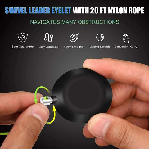 Hands holding Magnetic Wire Puller Kit With Handle For Easy Cable Routing Through Walls And Floors Electricians Magnetic Wire Pulling System with eylet and nylon rope.